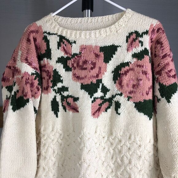 HANDMADE Wool Blend Cream Fisherman Crewneck Cable Knit Sweater Floral Sz M/L/XL - Picture 2 of 6